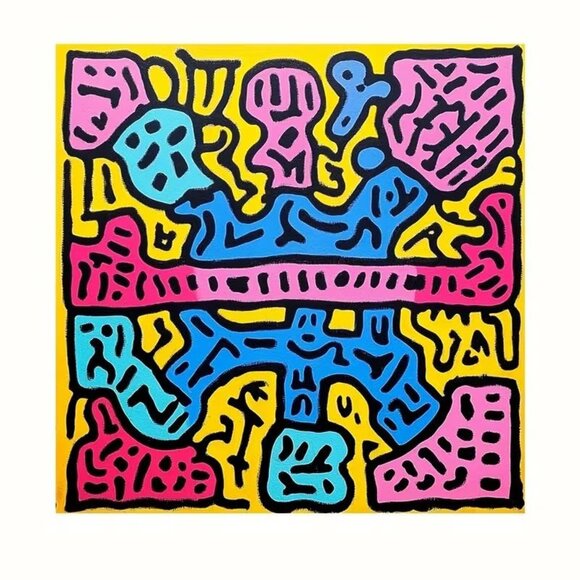 Keith Haring Inspired Design Tablecloth 60" Square. - Picture 3 of 6
